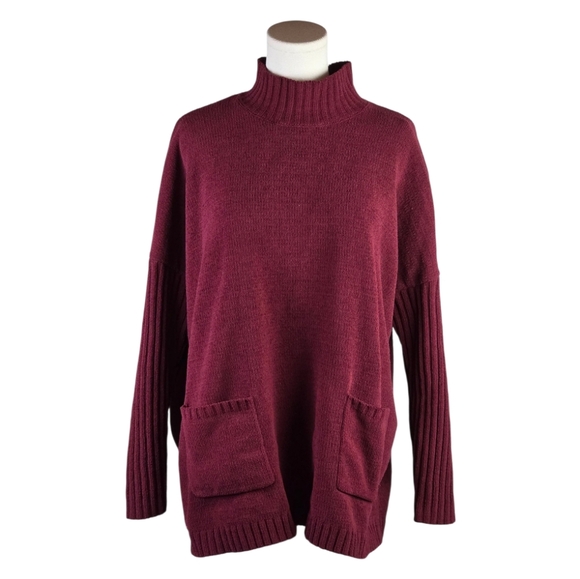 J. Jill Chenille Mock Neck Sweater Wine Burgundy Pockets Cozy Soft Size S - Picture 1 of 7